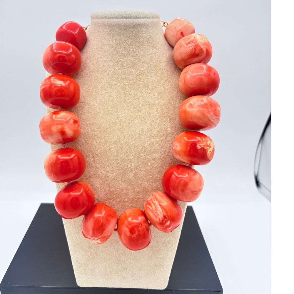Vintage Kenneth Lane Signed Faux Coral Statement Necklace, Large Chunky Beads